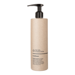 Eco-friendly conditioner with bergamot fragrance in recycled beige packaging with pump by The Spa Collection.