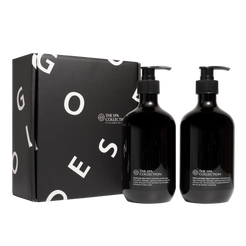 Eco-friendly Skincare Giftbox with hand soap + hand & body lotion - 475ml recycled bottle in Gum Tree fragrance in minimal modern black packaging by The Spa Collection 